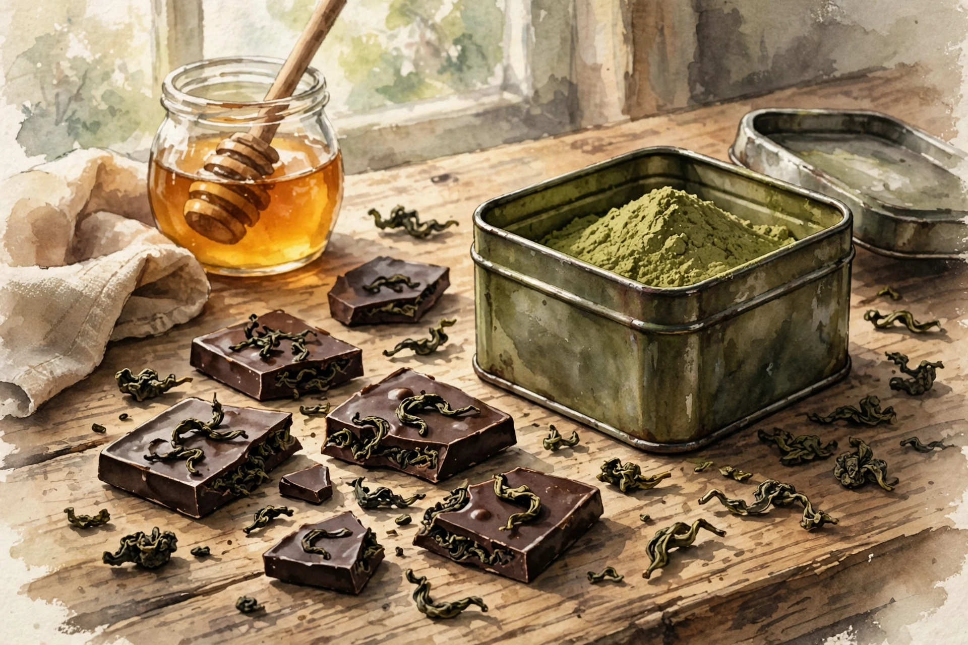 Oolong tea chocolate pieces beside a well-worn tin of year-old matcha