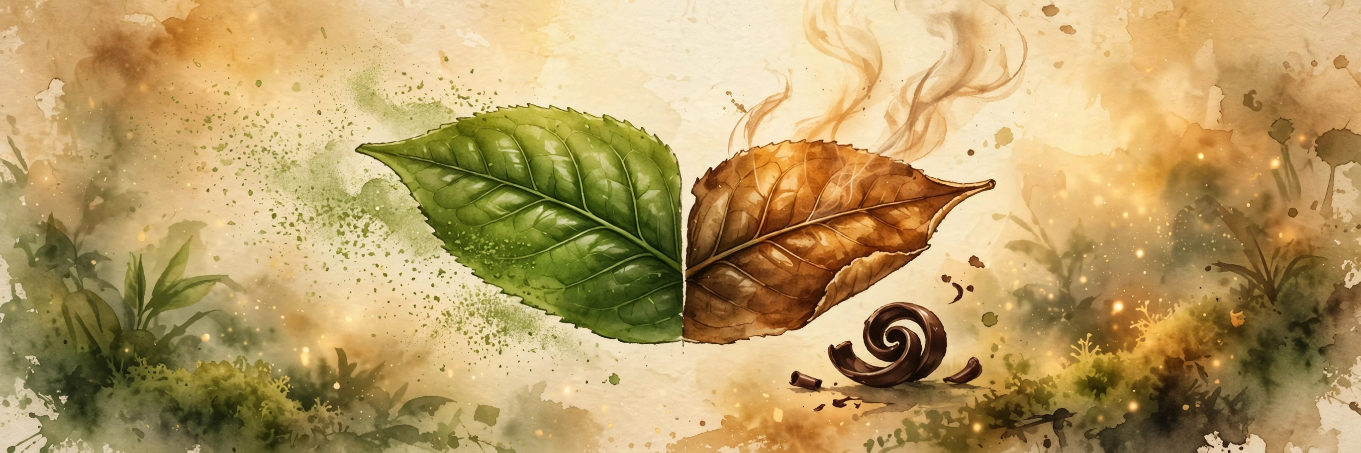 A single tea leaf, half vivid green matcha and half roasted amber, with a dark chocolate curl