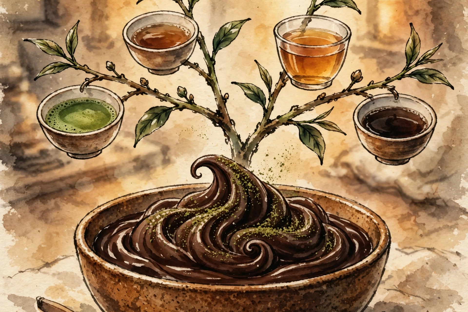 Dark chocolate whip swirled with roasted matcha, with a tea branch splitting into four teas
