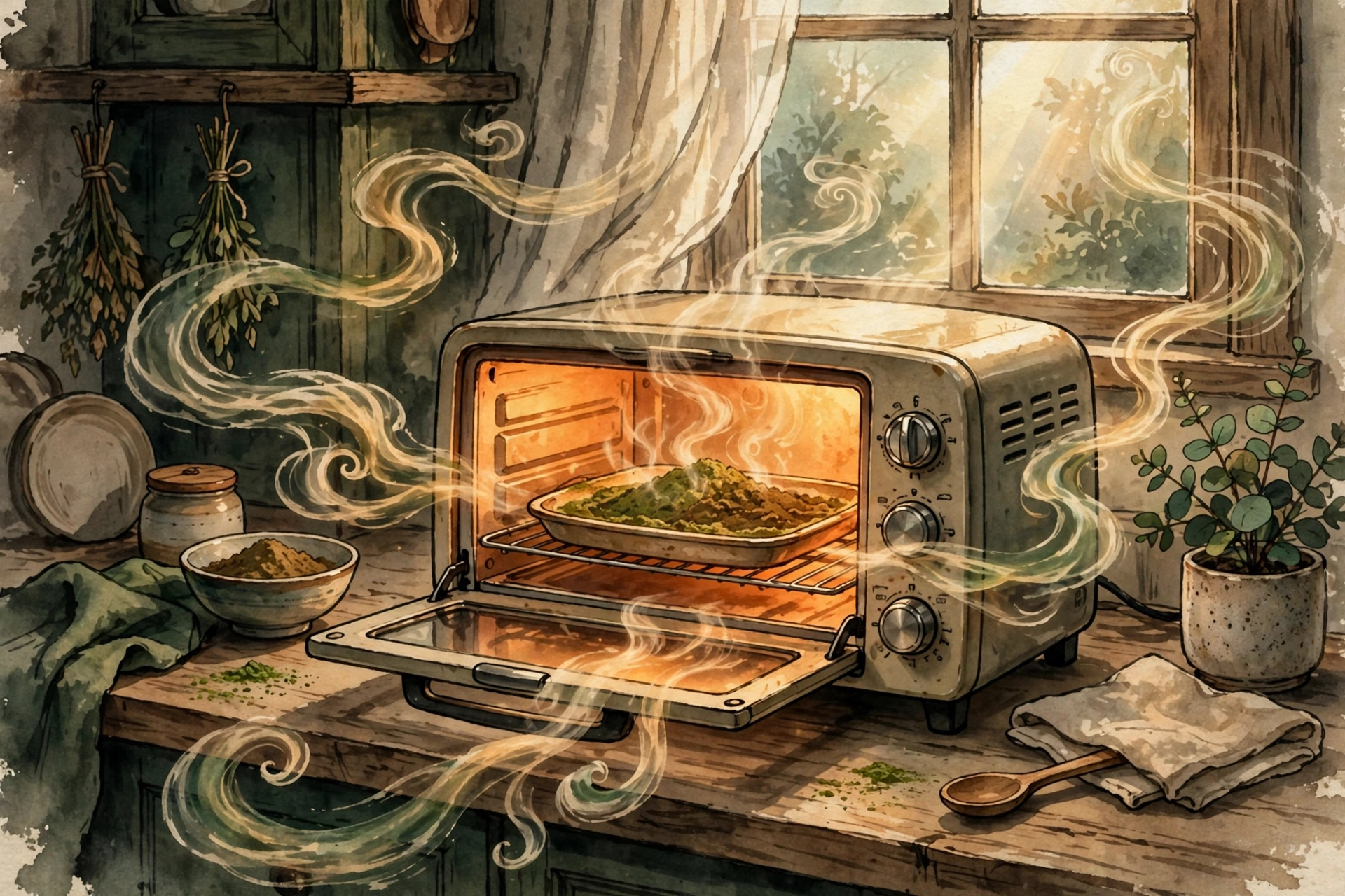 A small toaster oven glowing warm as roasted matcha fragrance drifts through the kitchen