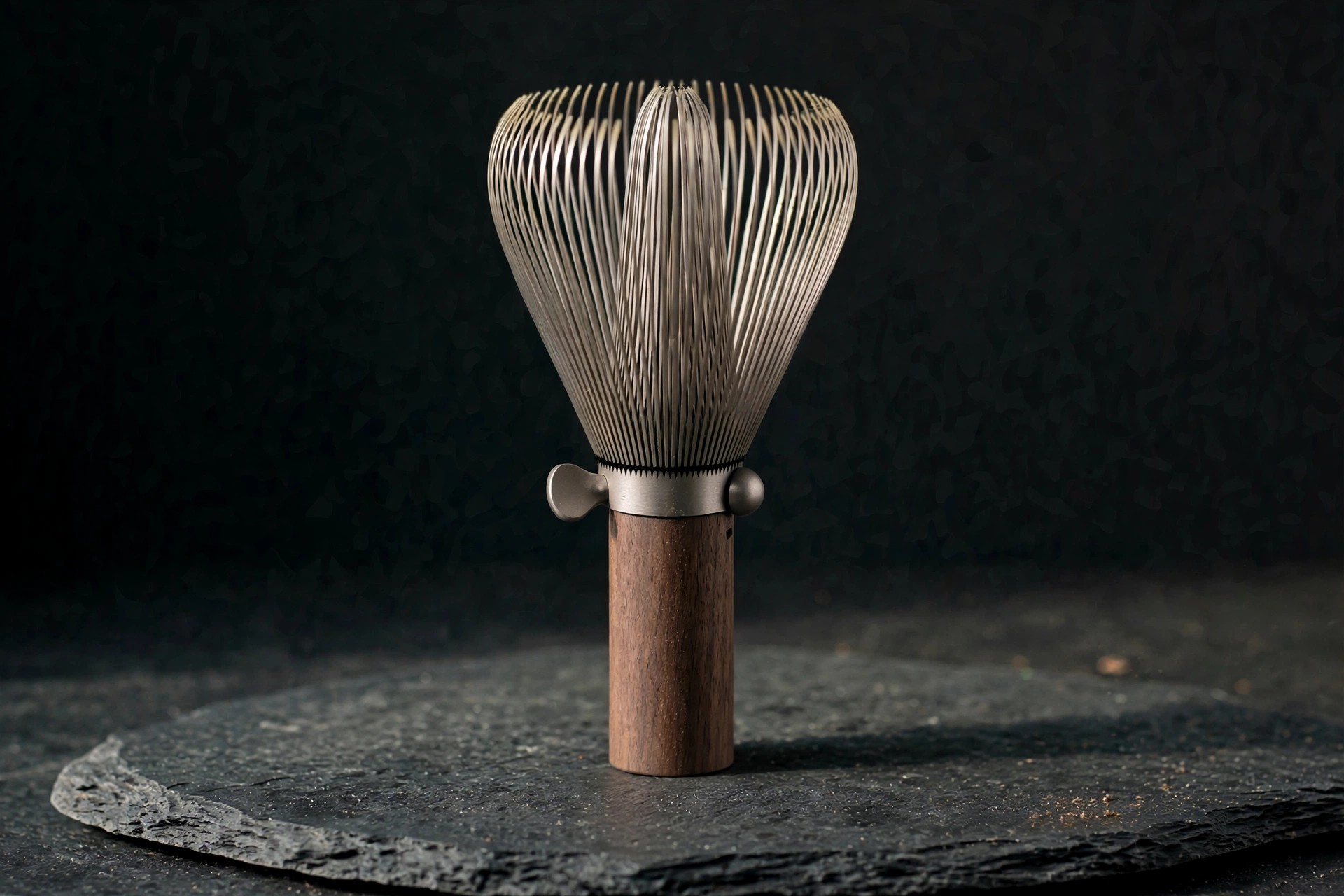 Titanium chasen — a metal matcha whisk with fine titanium tines, a brushed titanium collar and a plain straight walnut handle, standing alone on a dark slate slab